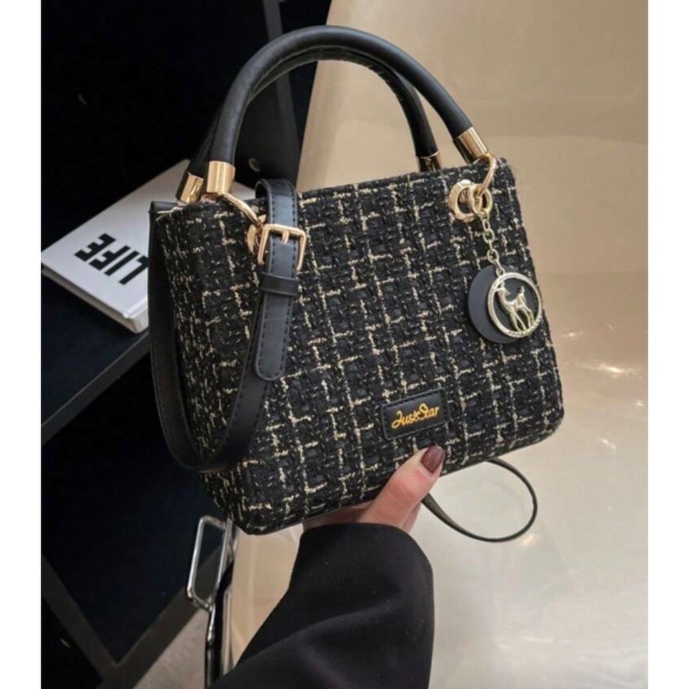 Just Star Black Gold Tweed Top Handle Crossbody Bag with Deer Charm
